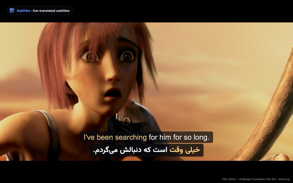 A video still with live English and Persian subtitles added by SubVibe